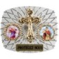 Plaque auto rectangle H. 3,5 x 4 cm arrondie en alu striée avec croix plus 2 résines, plusieurs saints.