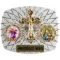 Plaque auto rectangle H. 3,5 x 4 cm arrondie en alu striée avec croix plus 2 résines, plusieurs saints.