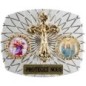 Plaque auto rectangle H. 3,5 x 4 cm arrondie en alu striée avec croix plus 2 résines, plusieurs saints.