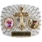 Plaque auto rectangle H. 3,5 x 4 cm arrondie en alu striée avec croix plus 2 résines, plusieurs saints.