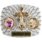 Plaque auto rectangle H. 3,5 x 4 cm arrondie en alu striée avec croix plus 2 résines, plusieurs saints.