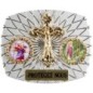 Plaque auto rectangle H. 3,5 x 4 cm arrondie en alu striée avec croix plus 2 résines, plusieurs saints.