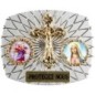 Plaque auto rectangle H. 3,5 x 4 cm arrondie en alu striée avec croix plus 2 résines, plusieurs saints.