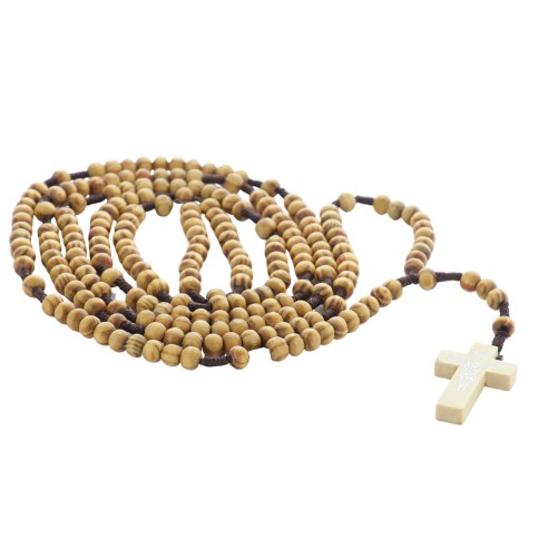 Rosaire grains en bois naturel (20 dizaines) sur corde, Ø 7 mm, longueur au cœur 78 cm, croix en bois avec Christ imprime..