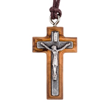 Croix de cou en bois d'olivier avec Christ métal incrusté H. 3 cm avec cordon cuir 70 cm..