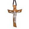 Croix de cou biseautée en bois d'olivier avec Christ métal couleur argentée H. 3,5 cm avec cordon cuir 70 cm..