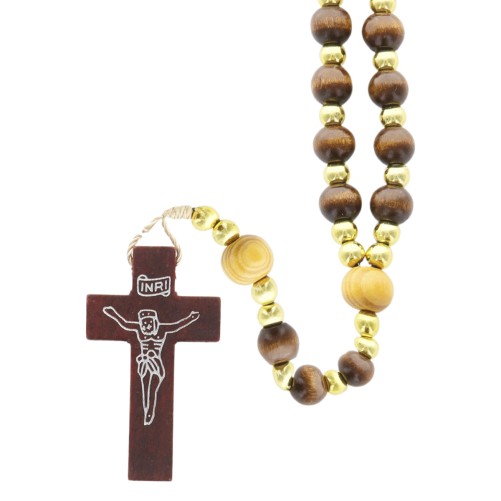 Chapelet sur corde avec fermoir, grains en bois marron Ø 8 mm, paters Ø 10 mm, croix avec Christ imprimé, longueur au cœur 33 cm