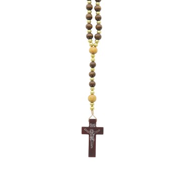 Chapelet sur corde avec fermoir, grains en bois marron Ø 8 mm, paters Ø 10 mm, croix avec Christ imprimé, longueur au cœur 33 cm