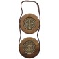 Suspension de porte en bois et cuir avec médailles de saint Benoit gold antique diamètre 7.5 cm. Longueur 22.5cm.