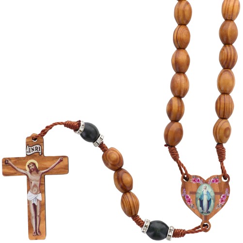 Chapelet sur corde grains ovales en bois d'olivier Ø 10 mm, longueur au cœur 30 cm, croix avec Christ imprimé..