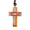 Croix de cou en bois d'olivier Ichtus imprimé en rouge H. 3,5 cm avec cordon cuir 70 cm..