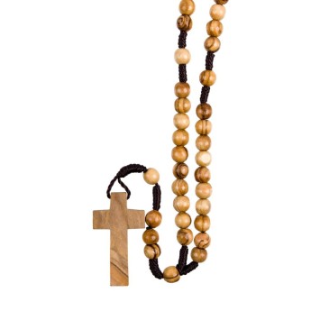 Chapelet sur corde grains en bois d'olivier de Terre Sainte Ø 7 mm, longueur au cœur 25 cm, croix bois d'olivier..