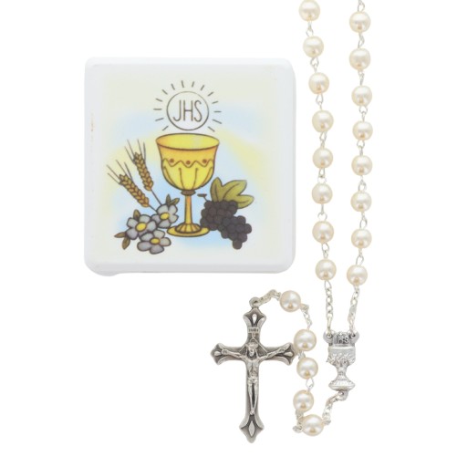 Chapelet de communion avec coeur calice grain nacre Ø 6 mm, longueur au cœur 32 cm., avec boite..