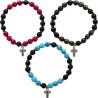 Bracelet dizainier sur élastique grains ronds en turquoise synthétique marbr2 & Jade noir Ø 8 mm et croix. Plusieurs couleurs