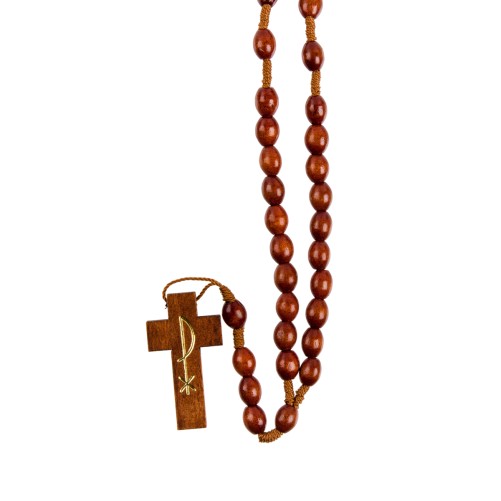 Chapelet grains en bois marron, Ø 9 mm, ovale avec fermoir, longueur au cœur 30 cm, croix imprimee PAX..