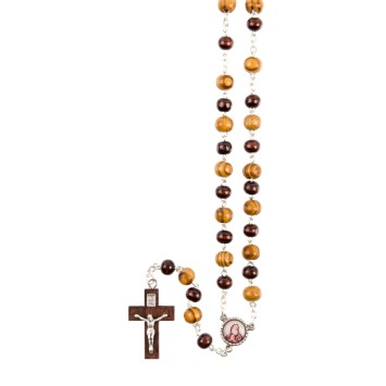 Chapelet grains en bois d´olivier et marron Ø 7 mm, chaine couleur argentee, longueur au cœur 28 cm, croix avec Christ..
