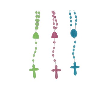 Chapelet sur corde grains en plastique couleurs assorties Ø 4 mm, cœur fermoir, longueur au cœur 22 cm, croix avec Christ..