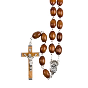 Chapelet en bois gros grains, Ø 10 mm, chaine couleur argentée, longueur au cœur 54 cm, croix avec Christ..