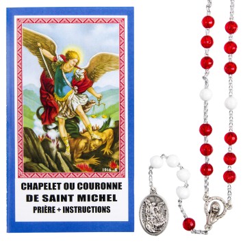 Chapelet de dévotion de saint Michel grains rouge et blanc avec notice explicative, livre en sachet individuel..
