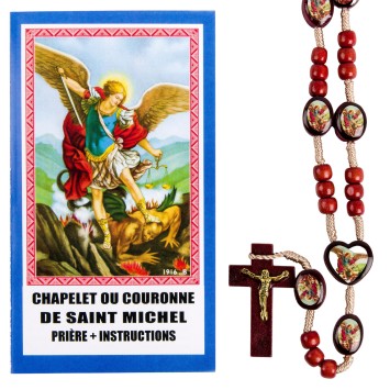 Chapelet de dévotion à saint Michel, grains en bois avec paters illustrés, notice explicative, sachet individuel..