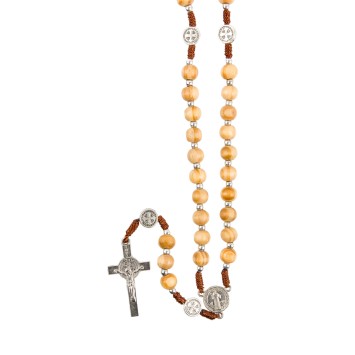 Chapelet de saint Benoît sur corde avec fermoir, grains en bois clair 7 mm, croix de saint Benoît, 30 cm au cœur..