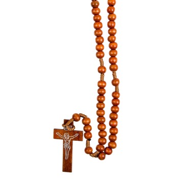 Chapelet sur corde, grains en bois marron 7 mm, croix avec Christ imprimé, 20 cm au cœur..