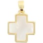 Croix de cou carrée en nacre sur support métal couleur dorée H. 1,6 cm..