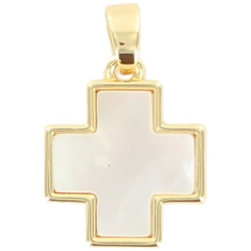 Croix de cou carrée en nacre sur support métal couleur dorée H. 1,6 cm..