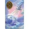 Carte priere plastifiee avec poincon dore imitation medaille H.8.5 x 5.4 cm, plusieurs saints..