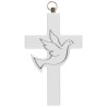 Croix à suspendre en bois avec colombe argentée. H. 14.5 cm