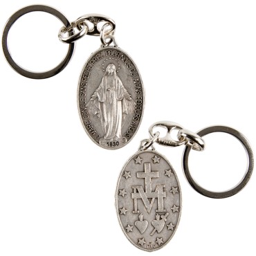 Porte-clés de la Vierge Miraculeuse double face H. 3,5 cm en métal couleur argentée..