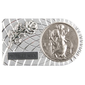 Plaque auto arrondie et striée H. 3 x 5,5 cm en alu avec rose et médaille de saint Christophe..