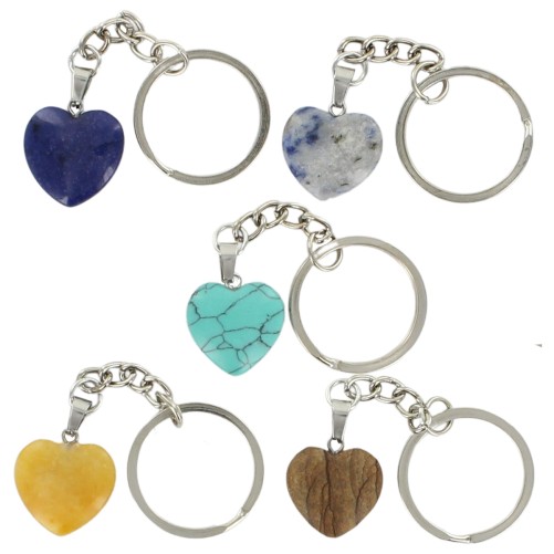 Porte-clés forme cœur imitation pierre H. 2,2 cm - LOT DE 5 ASSORTIS.