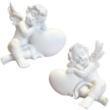 Ange blanc en résine sur cœur. H. 10 cm. LOT DE 2 ASSORTIS.