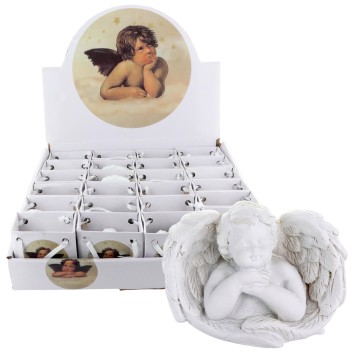 Ange gardien dans aile, hauteur 4.4 cm livre dans une pochette cadeau. Boite presentoir de 24 anges assortis..