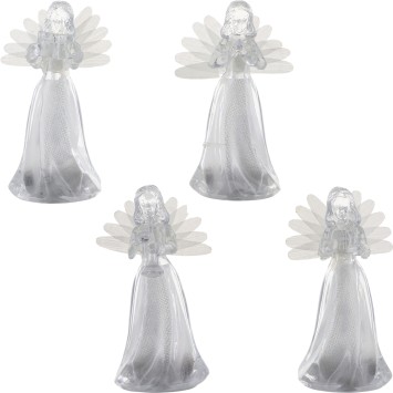 Ange gardien effet cristal avec lumière tournante, H.10 cm. Boîte de 12 (4 séries de 3 anges assortis).