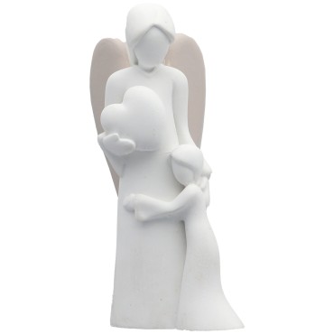 Ange blanc en résine décor cœur avec enfant, H 9 cm. Livre en boite individuelle..