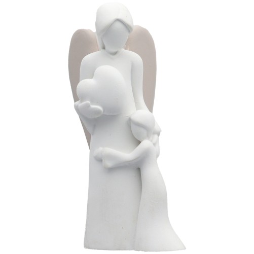 Ange blanc en résine décor cœur avec enfant, H 9 cm. Livre en boite individuelle..