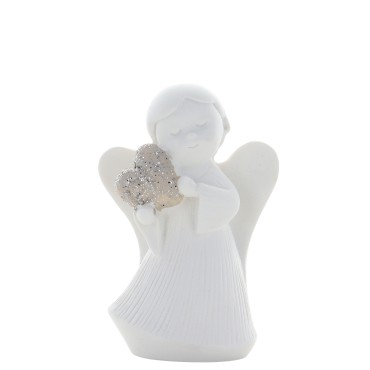 Ange blanc en résine avec cœur pailleté - hauteur 6.3 cm.