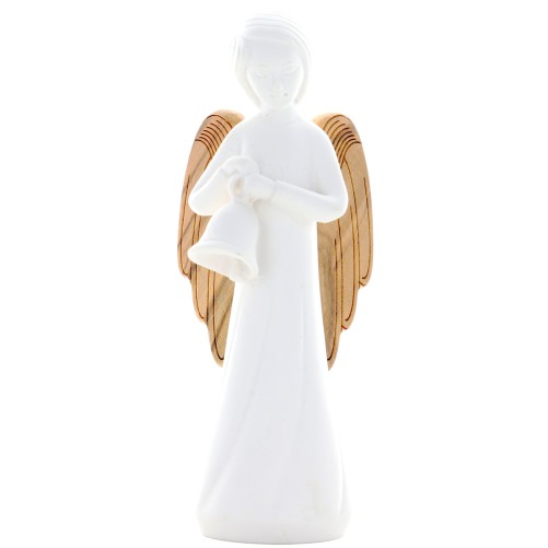 Ange blanc en résine avec décor cœur et aile en bois - hauteur 11,5 cm, livre en boite individuelle..