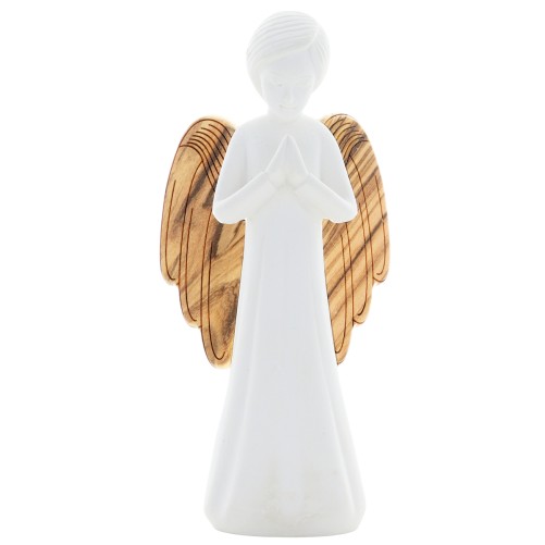 Ange blanc en résine avec décor clochette et aile en bois - hauteur 11,5 cm, livre en boite individuelle..