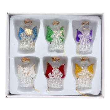 Ange en verre avec décor cœur et robe torsadée. Ailes colorées. H. 5 cm. Boîte de 6 anges assortis..