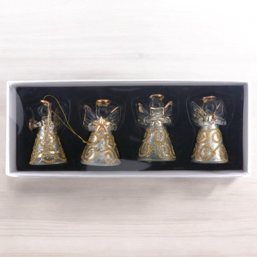 Ange en verre robe couleur or avec liseret paillete H. 5 cm. SERIE DE 4 ANGES ASSORTIS.