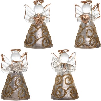Ange en verre robe couleur or avec liseret paillete H. 5 cm. SERIE DE 4 ANGES ASSORTIS.