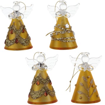 Ange en verre robe decoree de couleur doree H. 8 cm, SERIE DE 4 ANGES ASSORTIS.