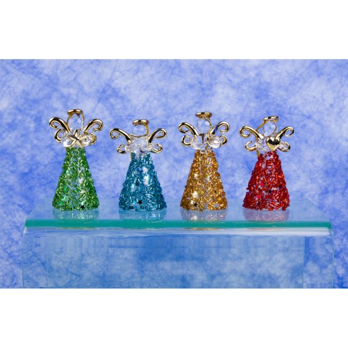 Ange en verre robe paillettee de couleur H. 7 cm, SERIE DE 4 ANGES ASSORTIS.