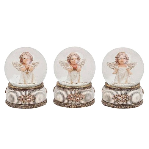 Boule a neige en verre avec ange - H. 9 cm. 3 BOULES ASSORTIES.