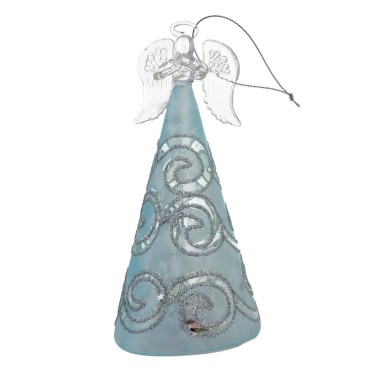 Ange en verre en prière, robe LED opaque bleuetée avec liseré pailleté. H. 15 cm. Livré en boîte.