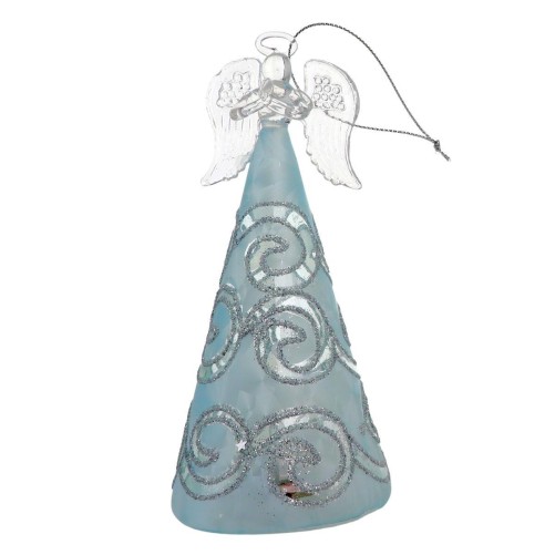 Ange en verre en prière, robe LED opaque bleuetée avec liseré pailleté. H. 15 cm. Livré en boîte.
