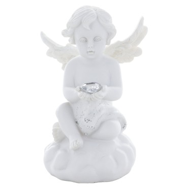 Ange blanc en resine, assis sur un nuage avec coeur LED (piles incluses) H. 11 cm..